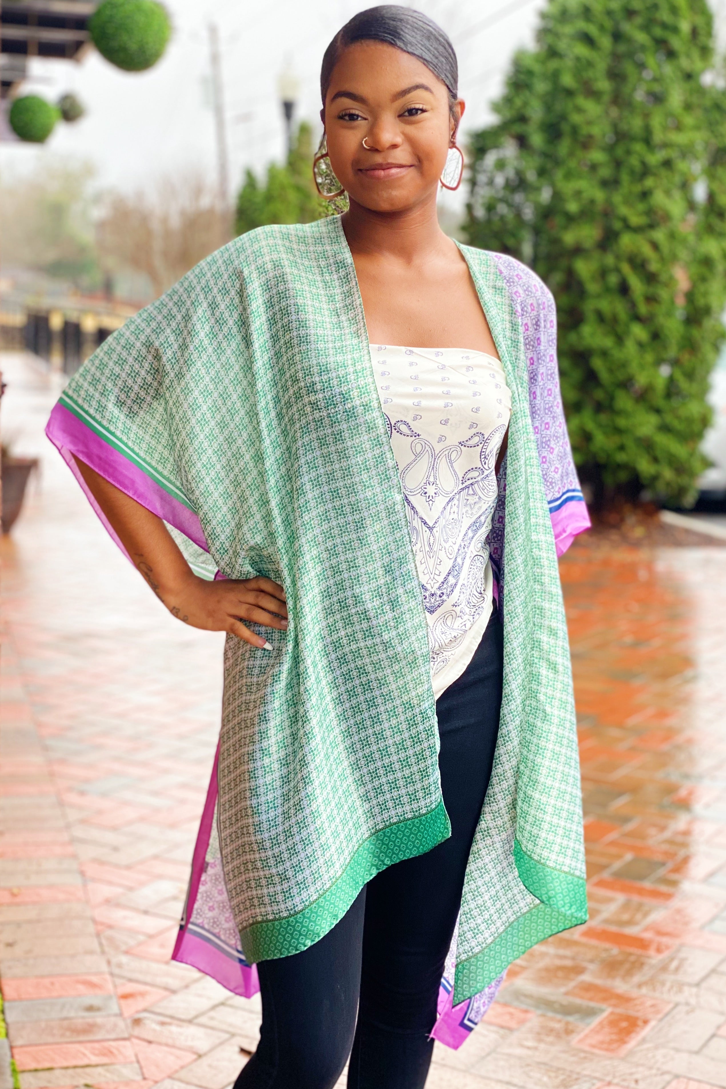 Silky Printed Kimono Two Tone Resort Wear Spring Collection - Rosetta Creative Boutique